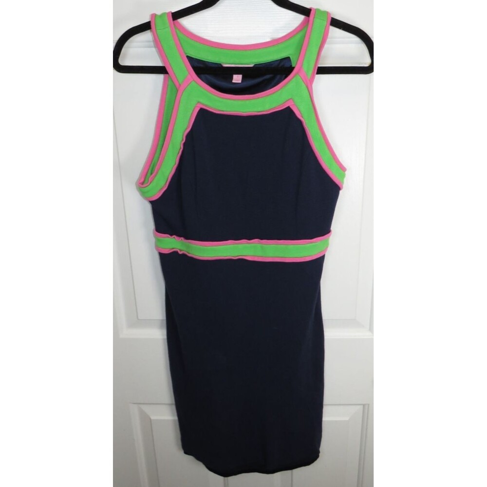Lilly Pulitzer Stretch Shift Dress A-Line Navy/Green/Pink Contrast Trim Size 8